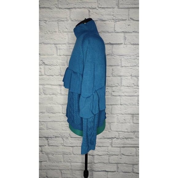 Project Naadam Women's Sweater Blue Long Sleeve Mock Neck Cable Knit Ruffle L - Picture 3 of 6